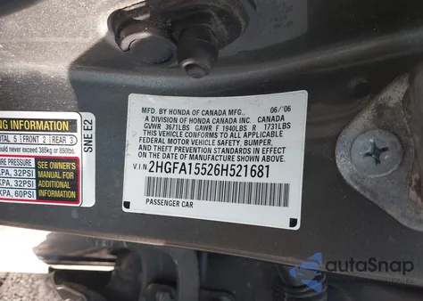 2006 Honda Civic Lx from USA, damaged, VIN 2HGFA15526H521681